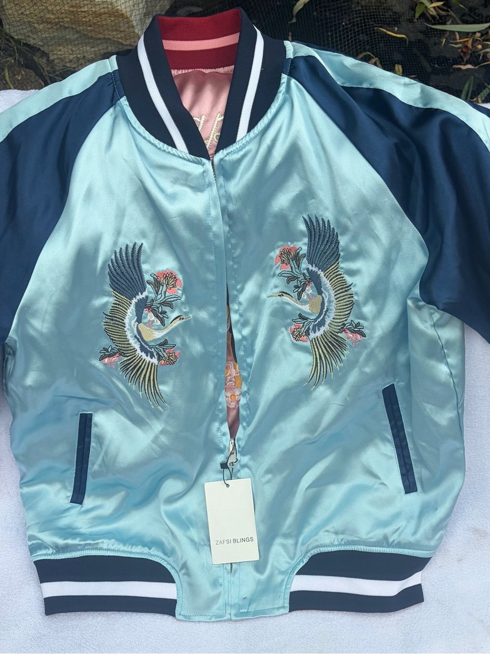 Beautiful Japanese Light Blue Embroidered Satin Bomber Jacket -